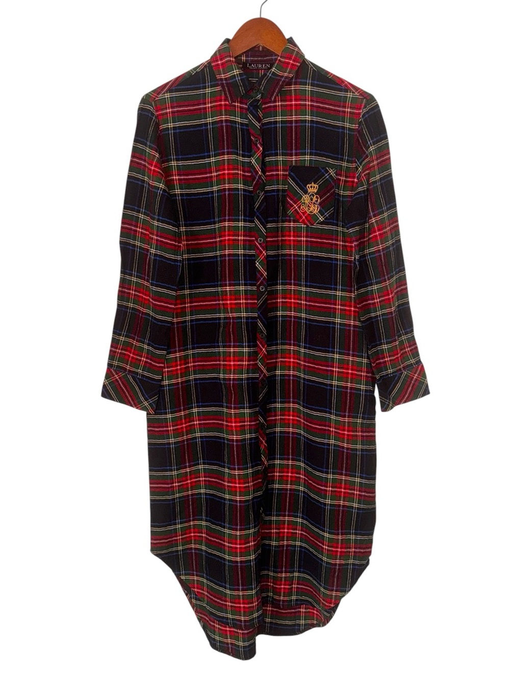 Lauren Ralph Lauren Plaid Sleep Shirt Nightgown Crest Embroidered Red Green S